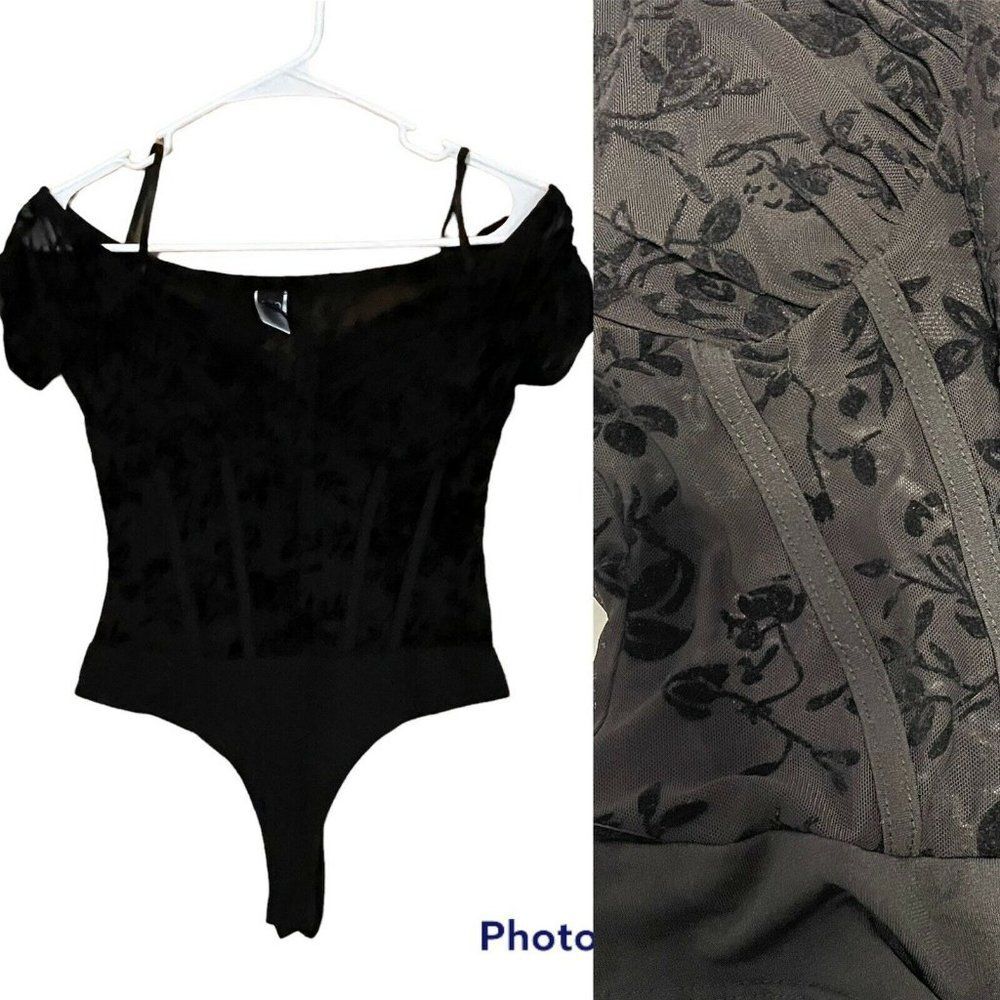 Windsor Women’s Small Black Slip BODYSUIT Satin TEDDY Romper Velour Floral